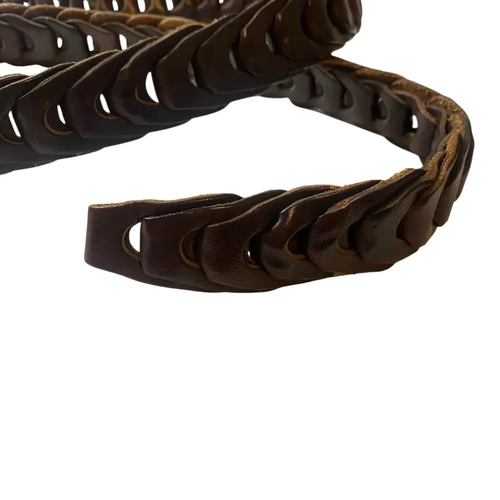 Men's Vintage Dark Brown Woven Leather Belt with silver buckle Size 42